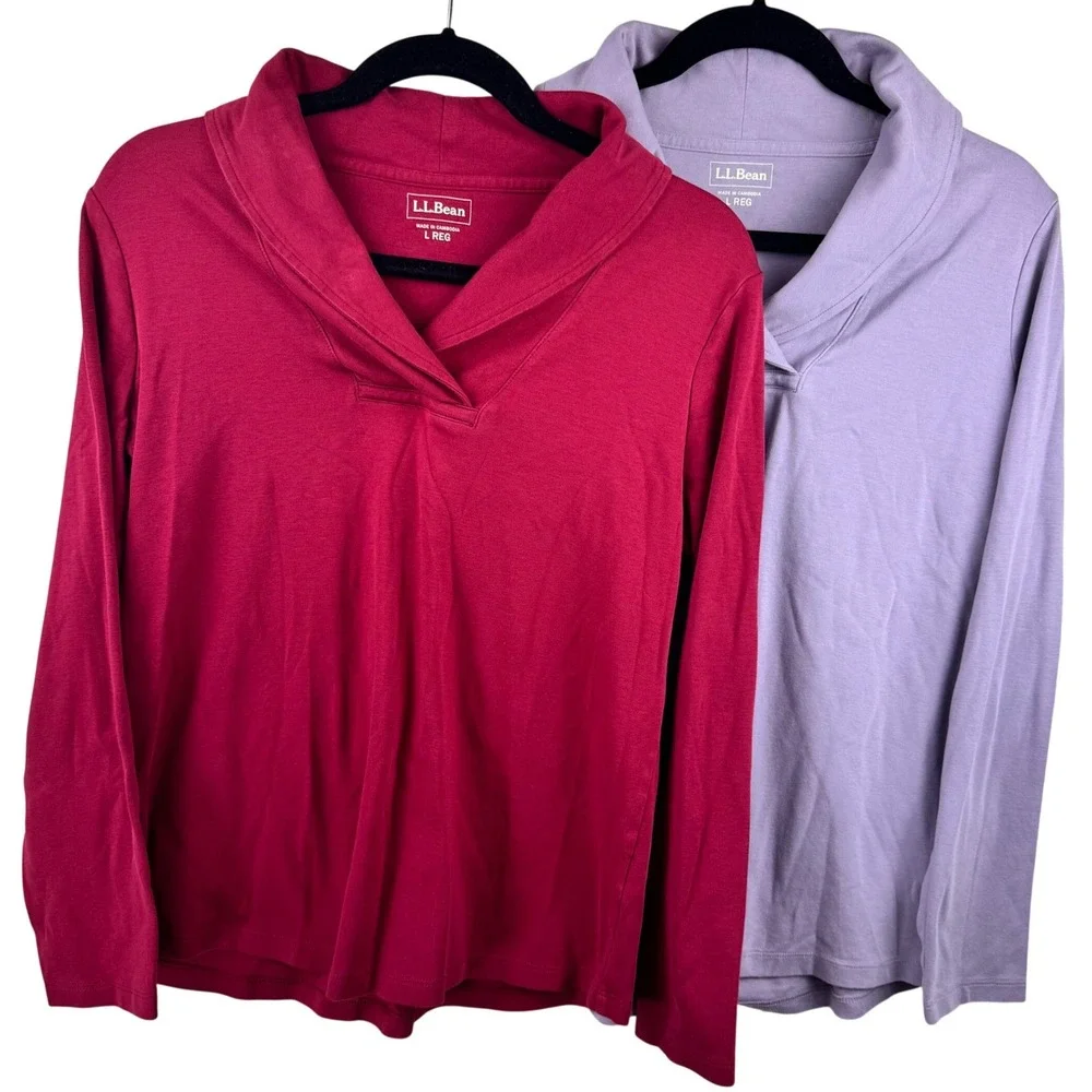LL Bean Shawl Collar Tops Set Two Womens Large Red Lavender 100% Cotton 290348